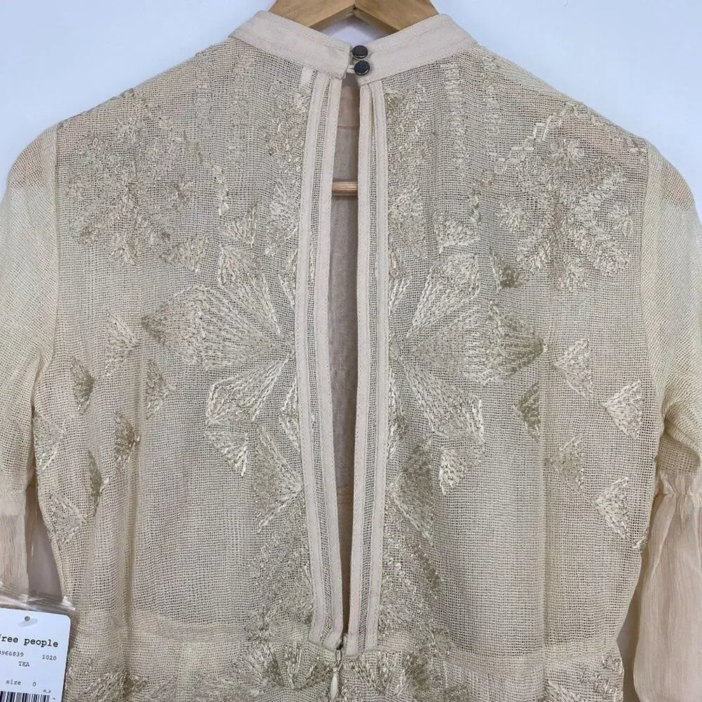 Free People Mini Boho Dress Women Size 0 Cream Embroidered Witch‎ Fairy Concert